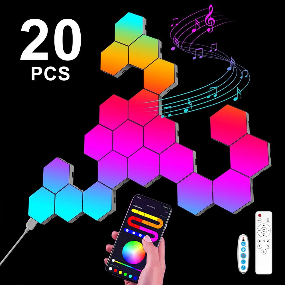 20/12/8/3Packs Hexagon Lights Wall RGB Panel Smart APP Hexagonal Modular Gaming Lights Night  Music Sync Honeycomb Light Bedroom