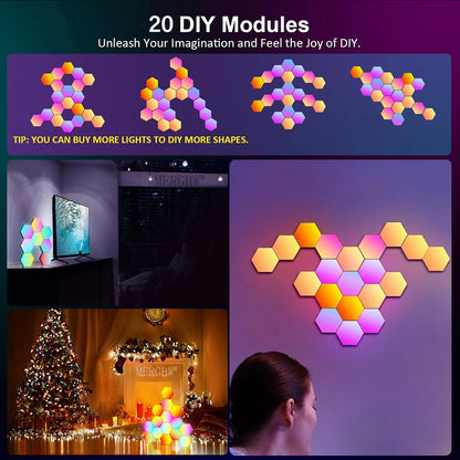 20/12/8/3Packs Hexagon Lights Wall RGB Panel Smart APP Hexagonal Modular Gaming Lights Night  Music Sync Honeycomb Light Bedroom